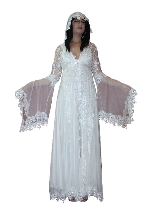 Rochie cu gluga din tull, satin de matase si dantela, alb, 40 EU