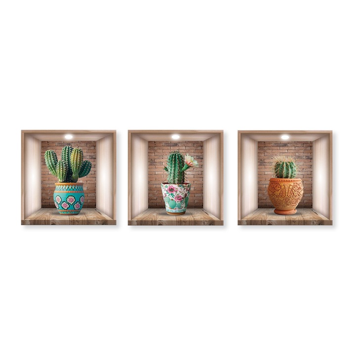 Set 3 buc Autocolant PVC decorativ de perete, cactus, efect 3D, 30x30 cm