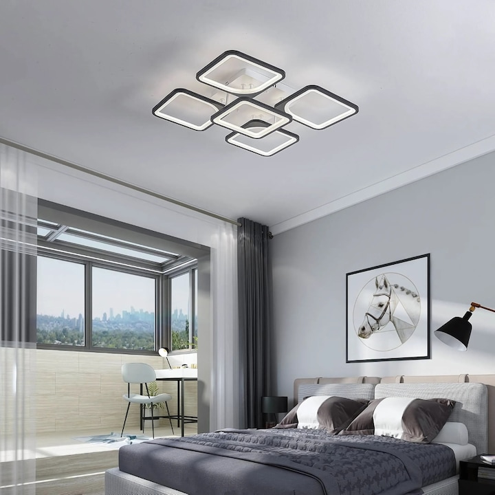 JOZY® LED полилей, 3 вида светлина, студена, топла, неутрална, 5 квадрата, 40x40x12 см, 9000LM, 65W, елегантен дизайн, с дистанционно управление, регулируем интензитет на светлината, бял цвят