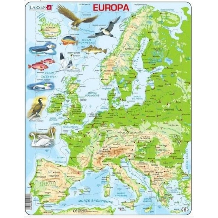 Európa puzzle, Larsen, 87 darabos, méretei 36,5x28,5 cm, oktató jellegű