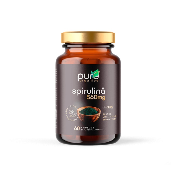 PureOrganics Spirulina 560 mg - Superaliment pentru Energie si Imunitate, 60 capsule, Organic, Fara aditivi, bioCORE 4x Absorbtie