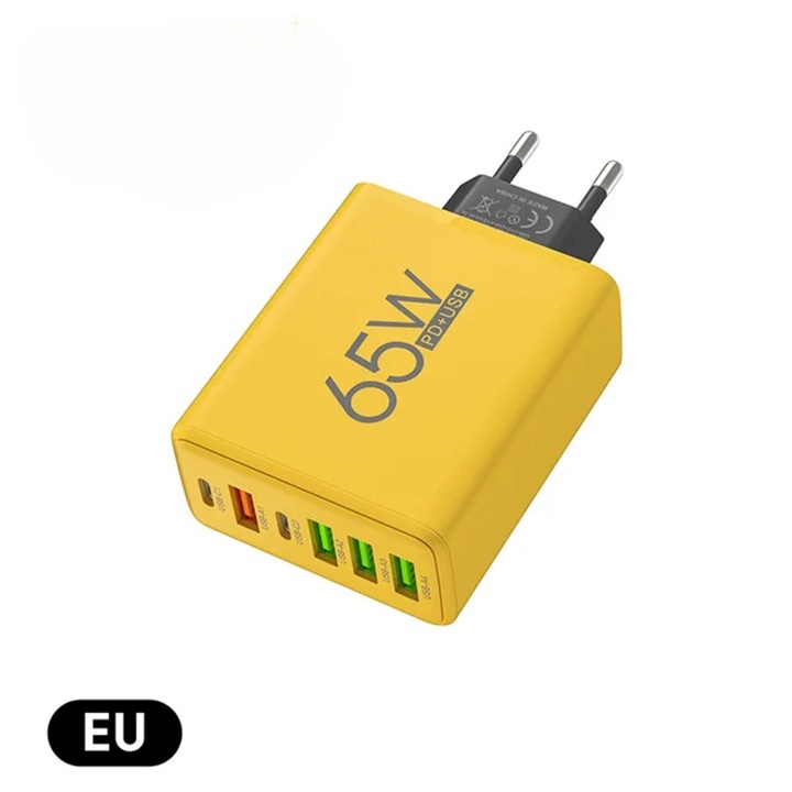 Incarcator USB C, Ouyifan, 6 porturi, 65W, galben