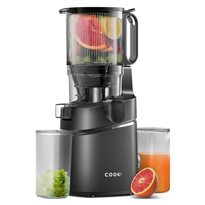 Сокоизстисквачка за плодове и зеленчуци COOK-IT Slowjuicer XL чрез студено пресоване, Мощност 250W, Шпиндел с охлюв, Антикапкова, Антиокислителна, 1L резервоар за сок - 900 ml резервоар за пулпа, Запазва витамини и минерали, Черен