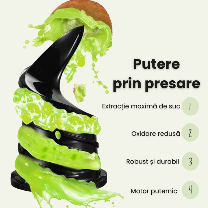 Storcator de fructe si legume COOK-IT Slowjuicer XL prin presare la rece, Putere 250W, Ax cu Melc, Anti picurare, Antioxidare, Rezervor 1L suc - Rezervor 900 ml pulpa, Pastreaza vitaminele si mineralele, Negru