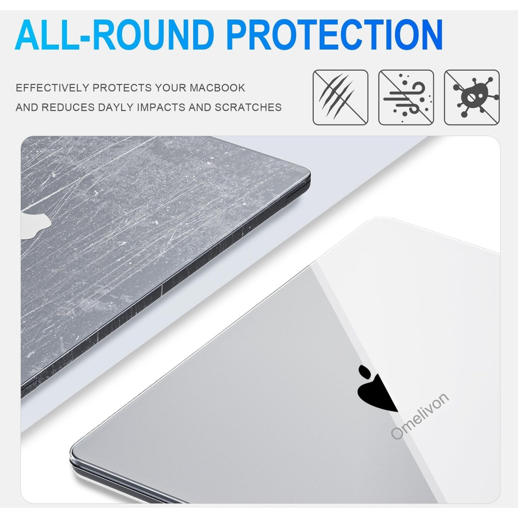 Husa de protectie pentru MacBook Air 13.6 inch, Omelivon®, set cu folie de protectie pentru tastatura si adaptor Type C la USB 3.0, potrivita pentru versiunile 2025, 2024, 2023, 2022, M4 M3 M2, A3240, A3113, A2681, transparent
