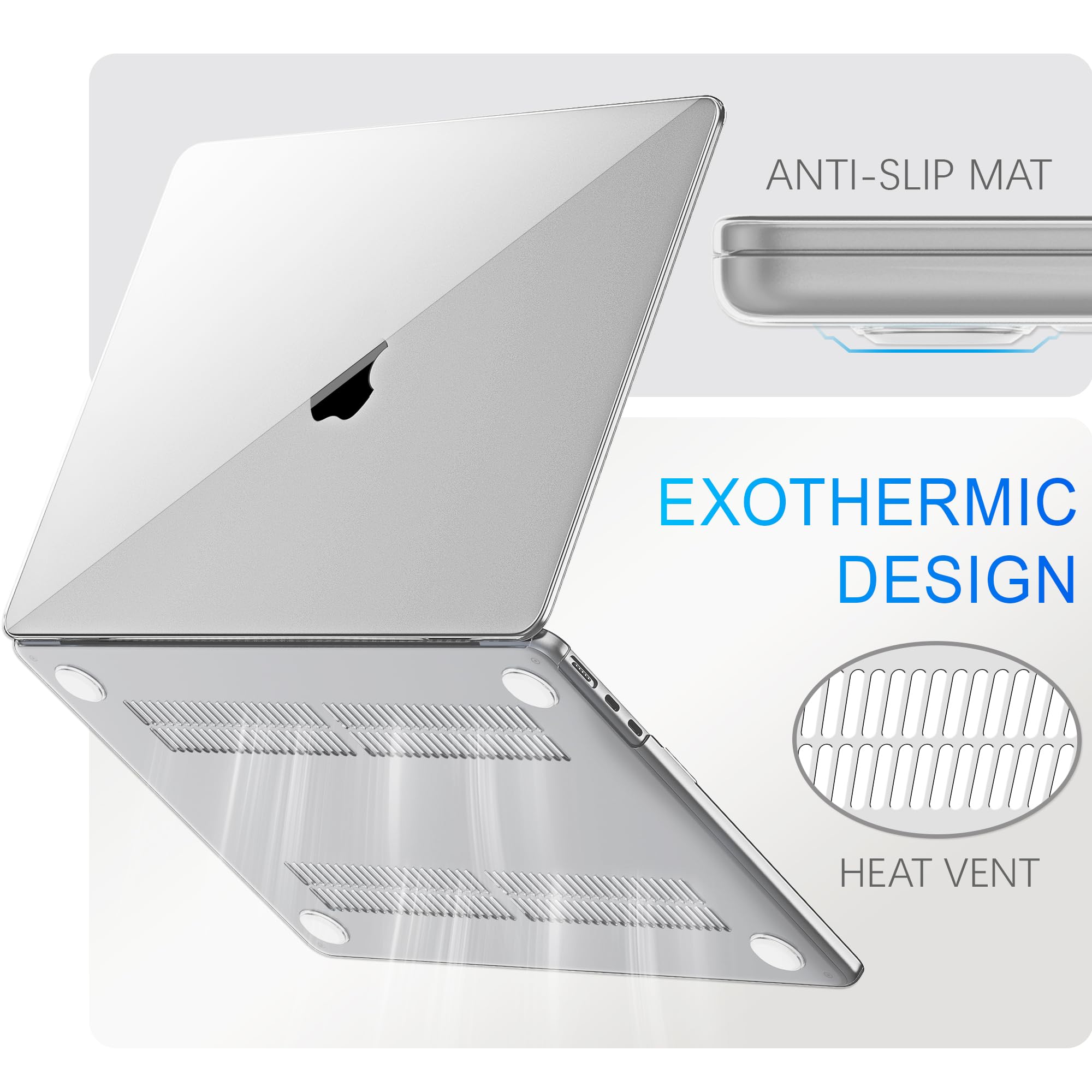 Husa de protectie pentru MacBook Air 13.6 inch, Omelivon®, set cu folie de protectie pentru tastatura si adaptor Type C la USB 3.0, potrivita pentru versiunile 2025, 2024, 2023, 2022, M4 M3 M2, A3240, A3113, A2681, transparent