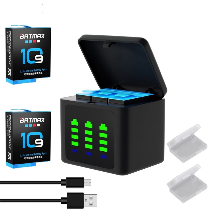 Комплект 2 батерии 1780mAh и BATMAX тройно USB-C зарядно за спортни видеокамери GoPro Hero 9 10 11 12 Black