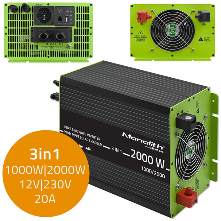 Invertor solar, Qoltec, Monolith, 3 in 1 cu functie de incarcare AC, MPPT, UPS, ATS, 1000W, 2000W, 12V la 230V, Sinus Pur, Negru/Verde