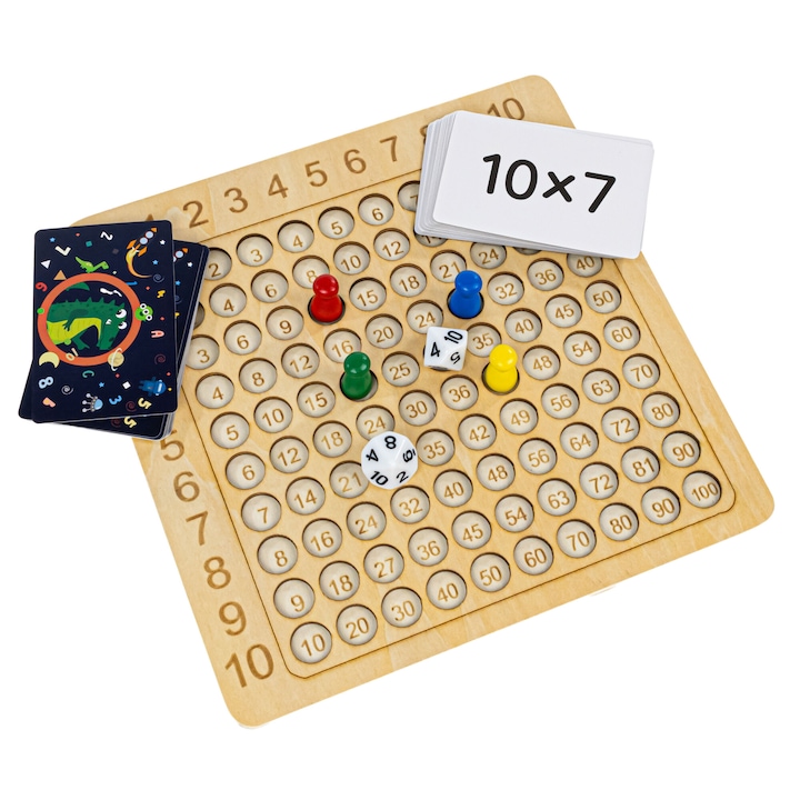 Joc educativ din lemn Masa de inmultire cu carti, zaruri si pioni, invatand sa numere