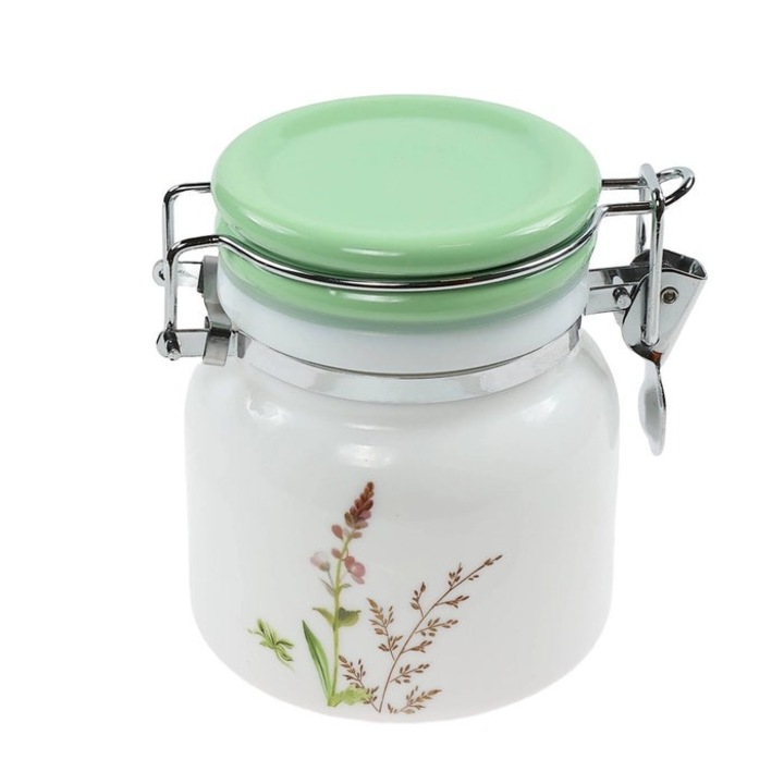 Antbro® opál üveg tárolóedény hozzávalóknak, fehér/zöld virágmintával, 500 ml