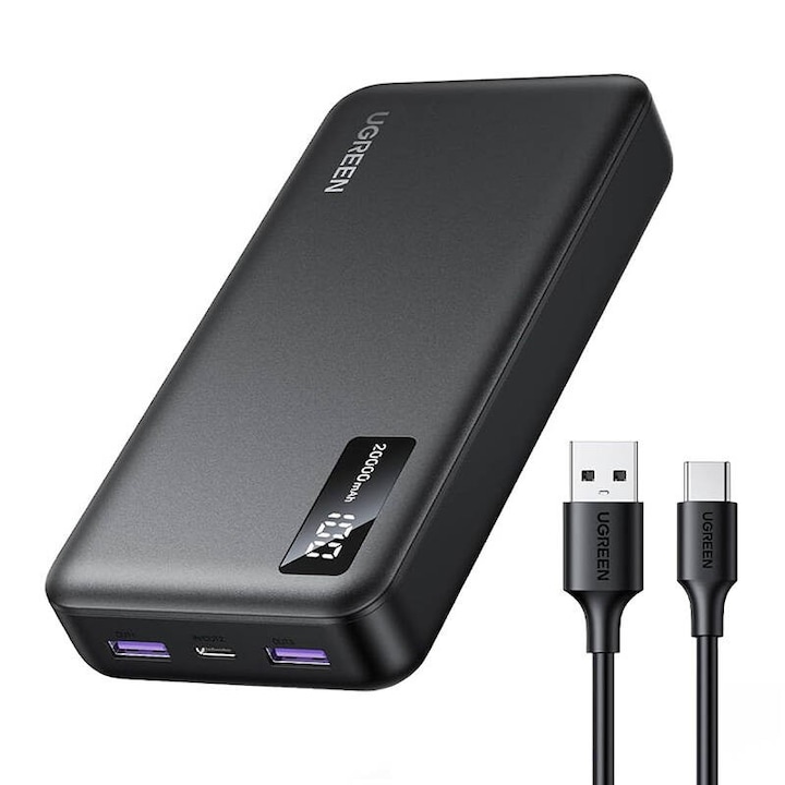Външна батерия UGREEN 20000mAh, 20W, черен, с USB-A/USB-C кабел