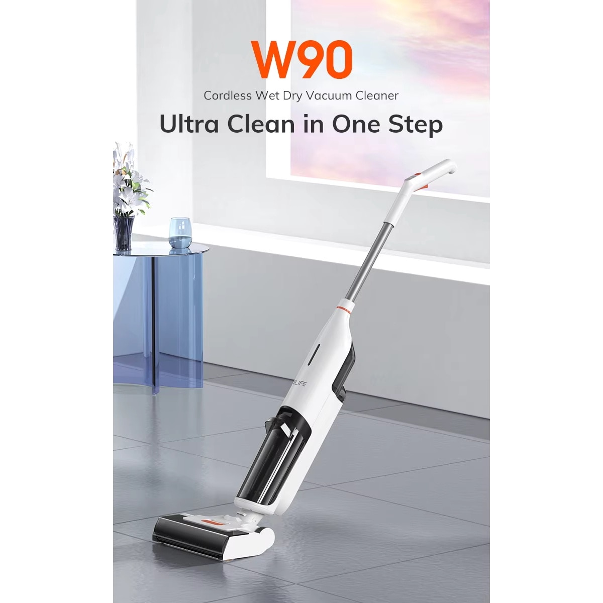 Aspirator Umed-Uscat W90 – Functie 3-in-1 Aspirare, Spalare si Stergere, Auto-curatare cu un singur buton, Rezervor Dublu de Apa 700ml si 500ml, Fara Fir, Tehnologia apei de reciclare activa Cu memento vocal, Putere 5500Pa, 72dB Usor si Silentios, Alb
