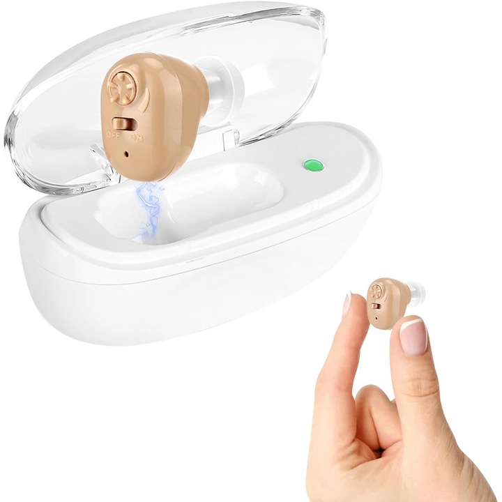 Слухов апарат, 130 dB звуков усилвател, умерена до тежка загуба на слуха, 60 часа употреба, 1 час бързо зареждане, компактен и лек дизайн, вграден дисплей за нивото на батерията, кутия за показване на батерията, цвят телесен