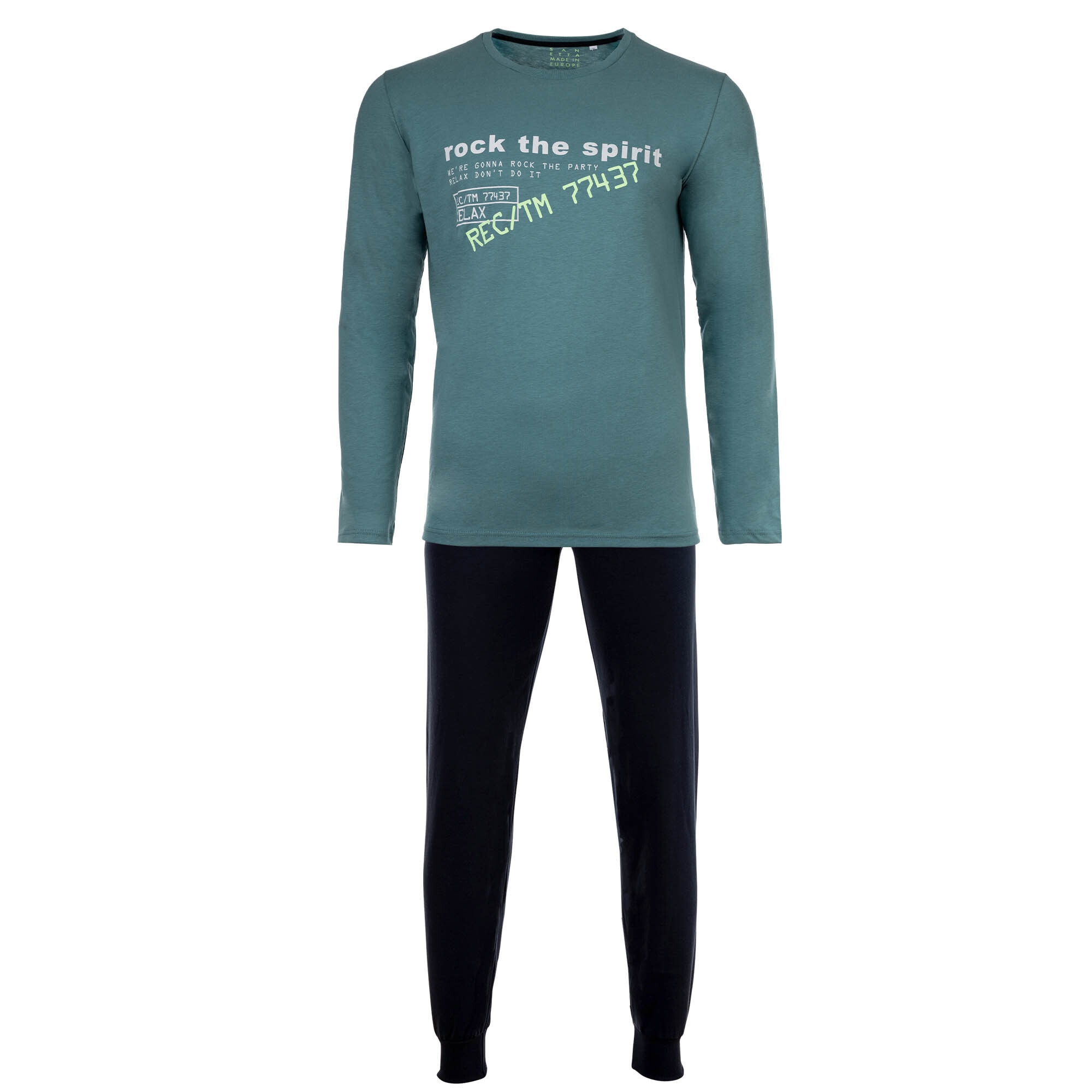 Sanetta, Pijama cu pantaloni lungi si imprimeu text, Verde, Albastru, 176 CM