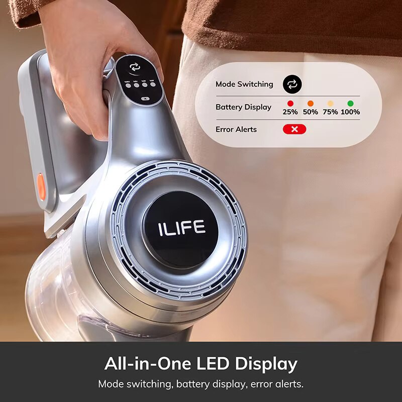 Aspirator Vertical Fara Fir ILIFE H80 – Putere de Aspiratie 21KPa, Filtrare in 5 Etape, Autonomie 40 Minute, Baterie Detasabila, Iluminare LED, Design 270° Flexibil, Alb