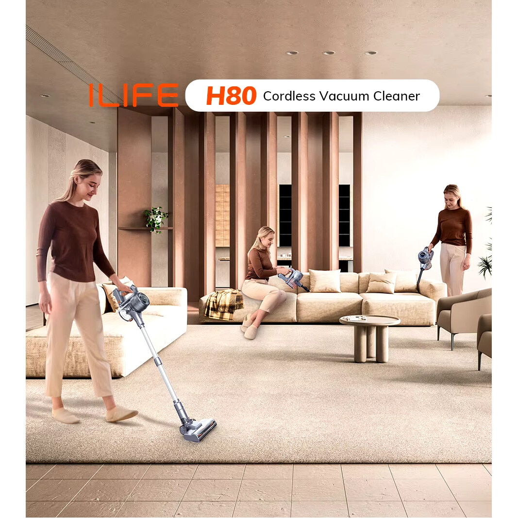 Aspirator Vertical Fara Fir ILIFE H80 – Putere de Aspiratie 21KPa, Filtrare in 5 Etape, Autonomie 40 Minute, Baterie Detasabila, Iluminare LED, Design 270° Flexibil, Alb