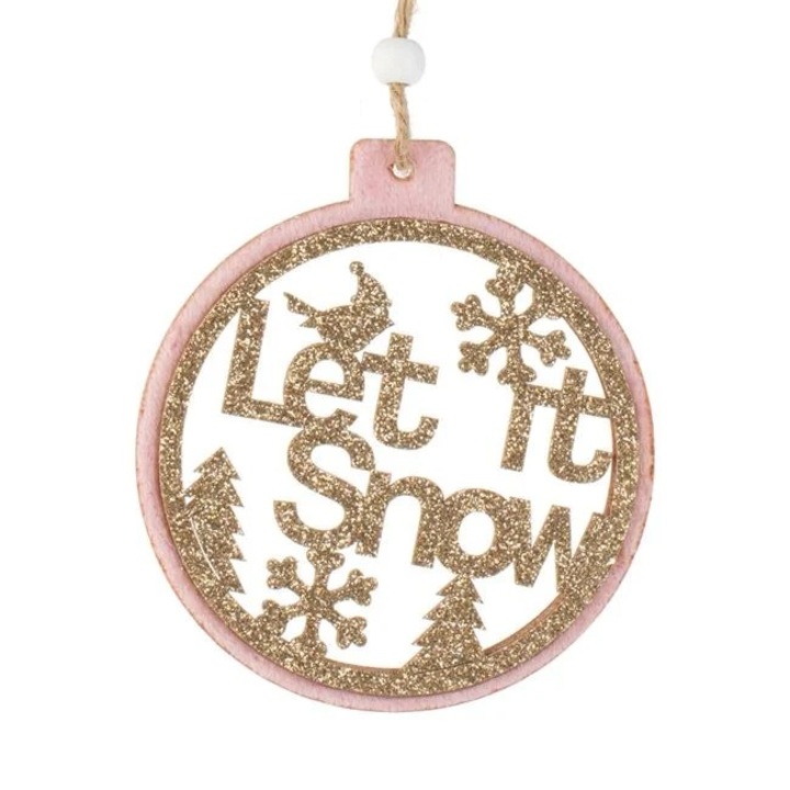 Ornament brad Craciun Antbro® din lemn, cu forma rotunda, catifelat roz cu fulgi, brazi si mesajul "Let it Snow", 10cm