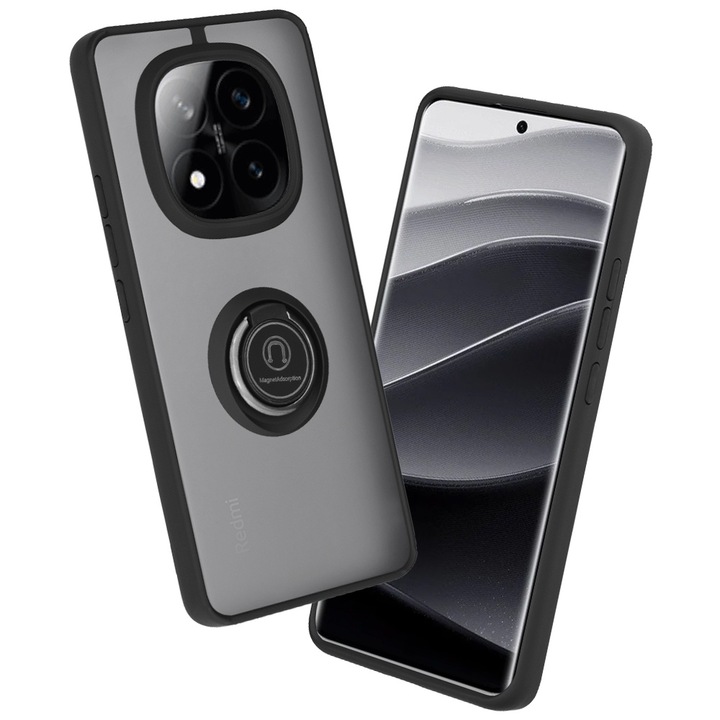 Кейс за xiaomi redmi note 14 pro plus - магнит за кола и въртящ се ринг, премиум, черен
