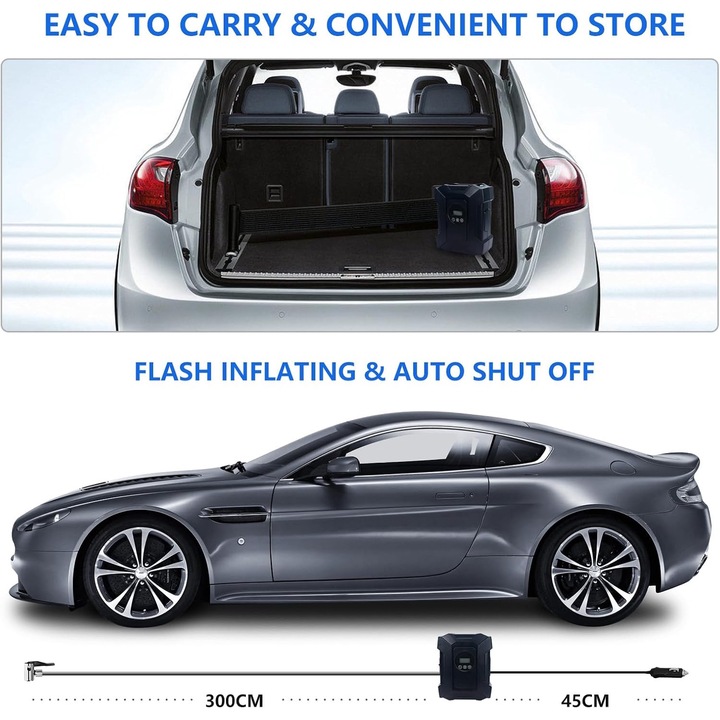 Compresor Auto Portabil, Wacorresi, Pompa aer auto electrica cu oprire automata, display digital, iluminare LED, 4x Accesorii de Umflat, 1m furtun, 12V, 20L/min, 150 PSI, 6000mAH, Negru