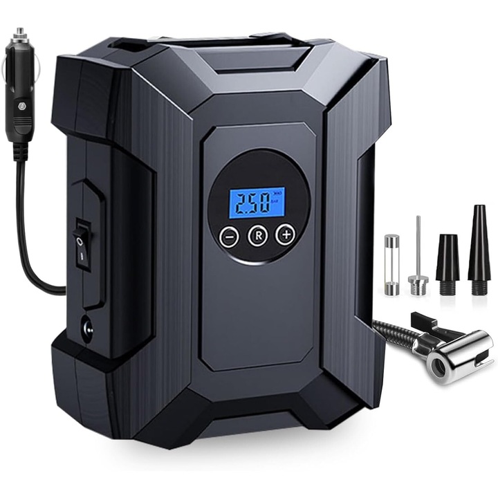Преносим автомобилен компресор Wacorresi, 12V, 150 PSI, с дигитален манометър, 3 накрайника, 1м маркуч, LED осветление