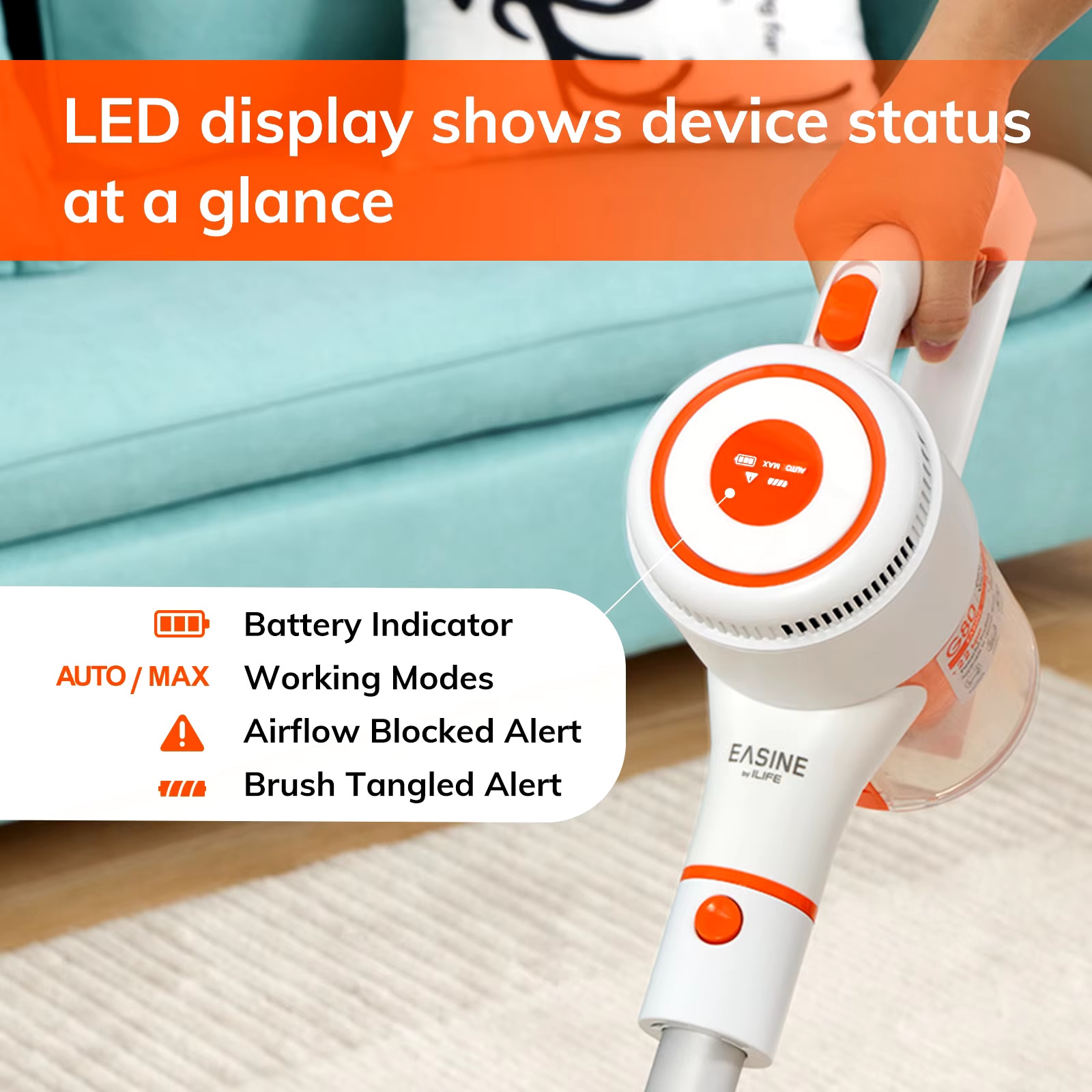 Aspirator Vertical Fara Fir G80 – Putere de Aspiratie 22KPa, Autonomie 45 de Minute, Motor Brushless, Perie Laterala Unica, Sistem de Filtrare in 4 Etape, Iluminare LED, Alb