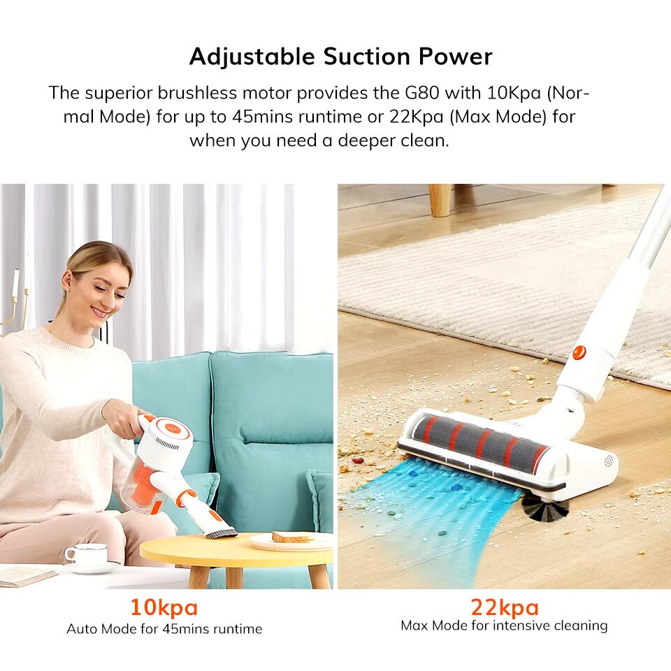 Aspirator Vertical Fara Fir G80 – Putere de Aspiratie 22KPa, Autonomie 45 de Minute, Motor Brushless, Perie Laterala Unica, Sistem de Filtrare in 4 Etape, Iluminare LED, Alb