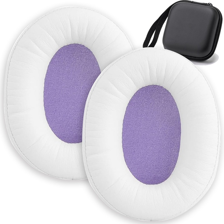 Set 2 bureti pentru casti HyperX Cloud Alpha Gaming / Cloud Core si multe alte modele, Over-Ear Earpads, Prindere elastica, Usor de montat - Spuma cu Memorie, Piele ecologica, Este ambalat intr-o cutie zip, Alb+violet