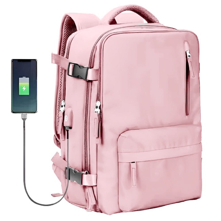 Quasar & Co. hátizsák, multifunkcionális, vízálló, cipőrekesszel, kocsi függesztő rendszerrel, USB, textil, 43x30x20 cm, Rózsaszín