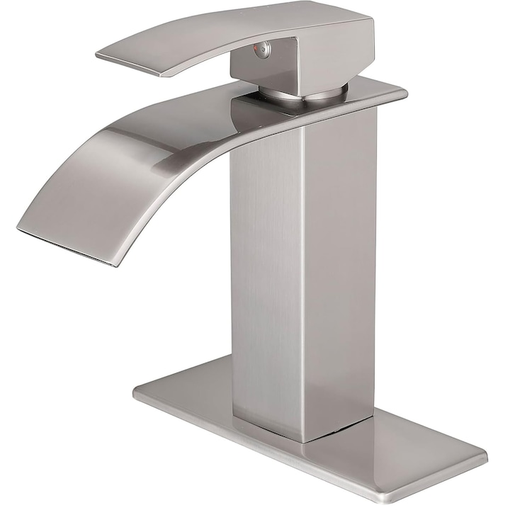 Смесител за мивка за баня Elindor® Waterfall, покритие от сатениран никел, модерен дизайн, единична дръжка, плоча с 1 или 3 отвора, неръждаема стомана, подходящ за RV, Camper, селска къща или мивки за баня