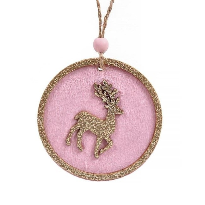 Ornament brad Craciun Antbro® din lemn, cu forma rotunda, catifelat roz, cerb cu glitter bej sampanie, 8cm