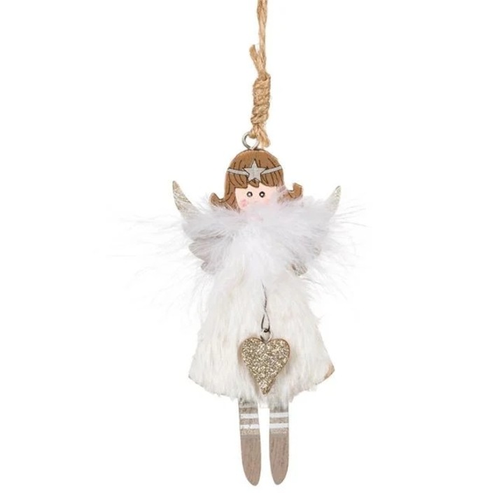 Ornament brad Craciun Antbro® inger de lemn cu aripi cu glitter auriu, corp cu blana alba si pana alba, 12cm