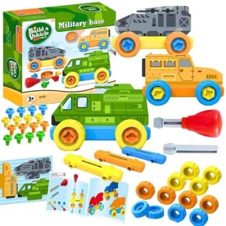 Set de constructie vehicule militare, Maksik, 3 baze, 16 suruburi, multicolor