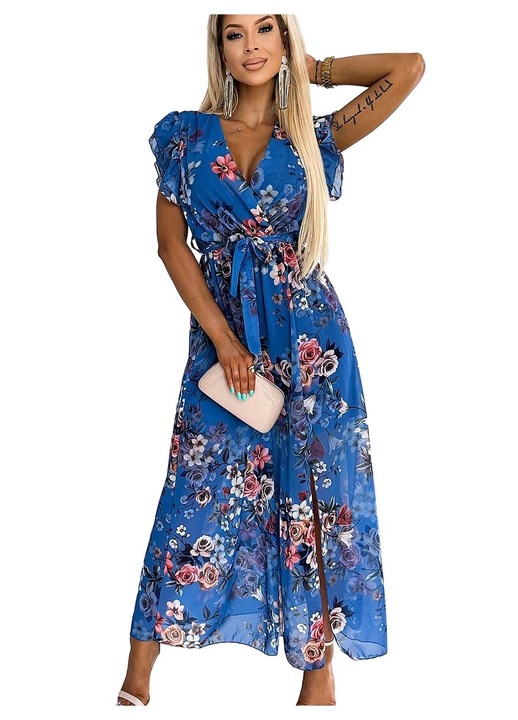 Дълга рокля, Numoco Aria, флорален десен, полиестер, синьо, One Size INTL