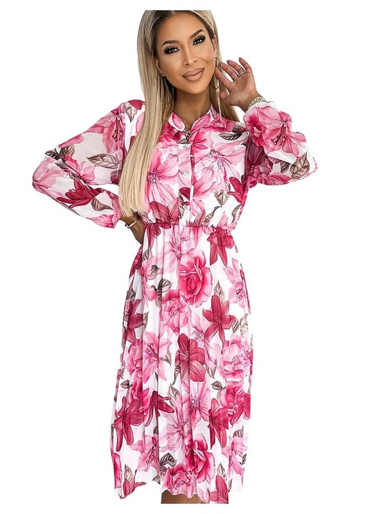 Миди рокля, Numoco, плисирана, дълги ръкави, полиестер, бяло/розово, Един размер INTL