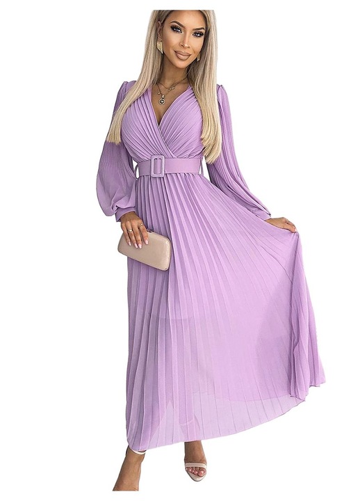 Елегантна рокля Numoco, плисирана, полиестер, дълъг ръкав, лилава, One Size INTL