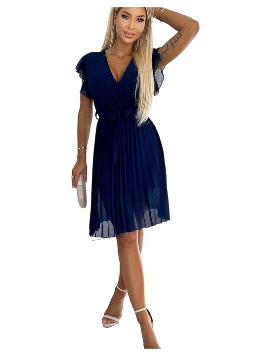 Плисирана рокля, Numoco, полиестер, тъмносиня, с волани на раменете и колан на талията, One Size INTL