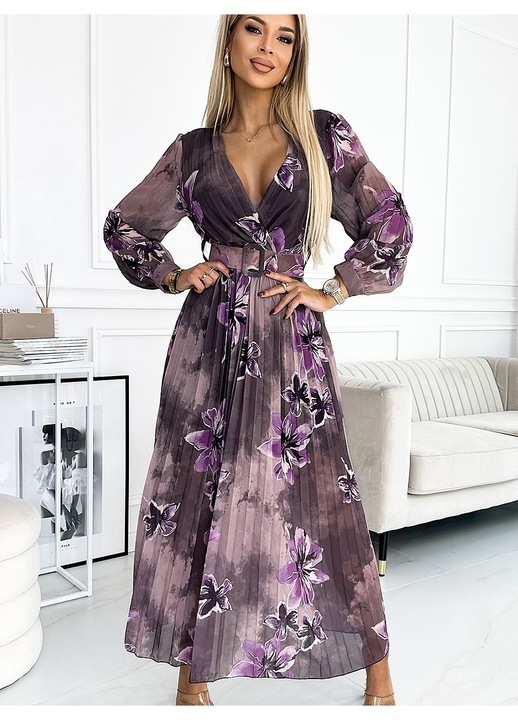 Дълга рокля Numoco, полиестер, плисирана, с V-образно деколте, дълги ръкави, многоцветна, One Size INTL
