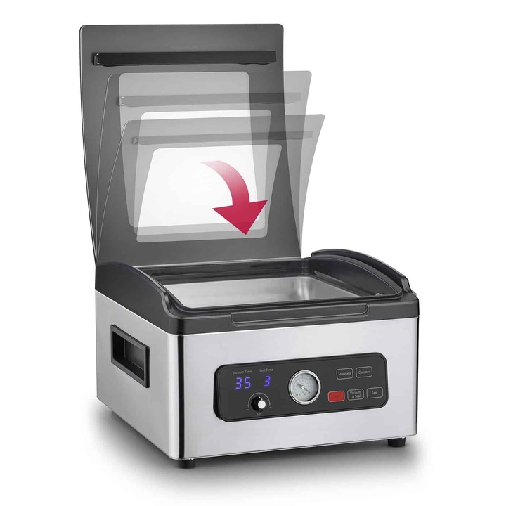 Aparat de vidat si sigilat cu camera Caso Germany, VacuChef 700, putere mare de aspiratie 70 litri/ min, sigilare dubla, timp de sigilare si vidare ajustabil, vidare manuala si automata, vidare uscata si lichida, otel inoxidabil, panou soft touch, inox
