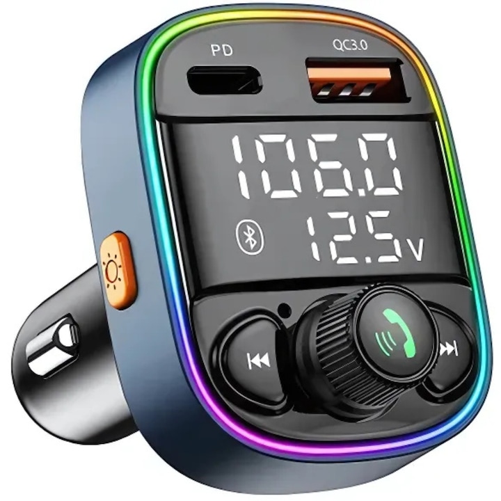 Модулатор за кола JIJU®, FM с Bluetooth 5.0, 10 функции, 3 режима на възпроизвеждане на музика, зарядно за кола тип C / USB Quick Charge 3.0, RGB LED, мониторинг на напрежението, качествен декодер, FM трансмитер, черен