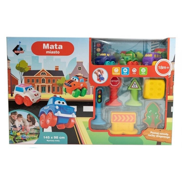 Covoras educativ pentru copii, Askato, cu vehicule moi, multicolor, pentru 18 luni+