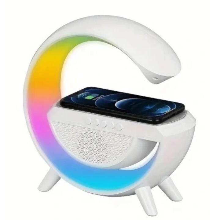 Lampa multifunctionala cu difuzor Bluetooth, incarcator QI, iluminare RGB, 24x23x8cm, alb