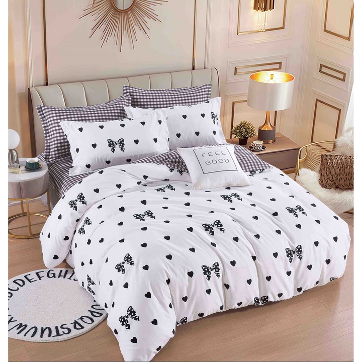 Lenjerie de pat dublu, 2 persoane, Finet, 6 Piese, Cearceaf de pat 245x250cm, Cearceaf pilota 200 x 230 cm, 2 fete de perna 70 x 70 cm, 2 fete de perna 50 x 70cm, Multicolori, j15