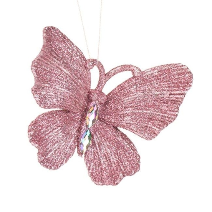 Ornament brad Craciun Antbro® fluture cu glitter roz irizat si cristale, 11x9cm