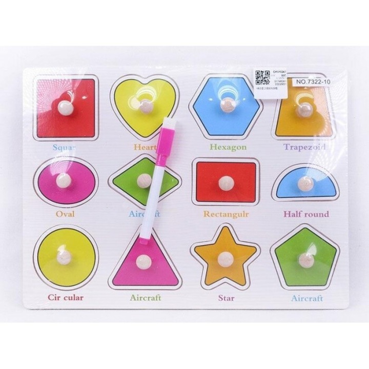 Puzzle din lemn cu forme, Icom, tabla 2 in 1, 12 forme geometrice, multicolor