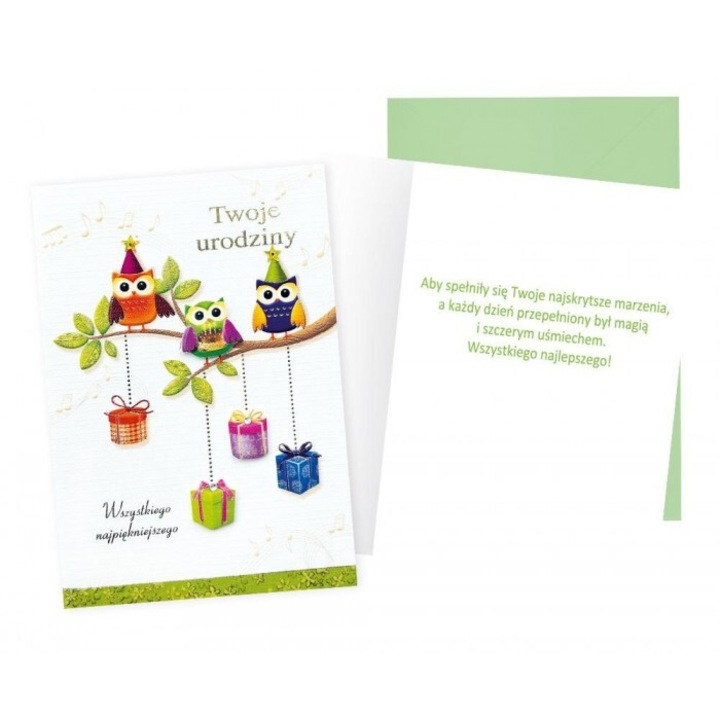 Karnet B6 Urodziny (sowy), Kukartka, 16.6x11.7cm, colorat, cu envelopa