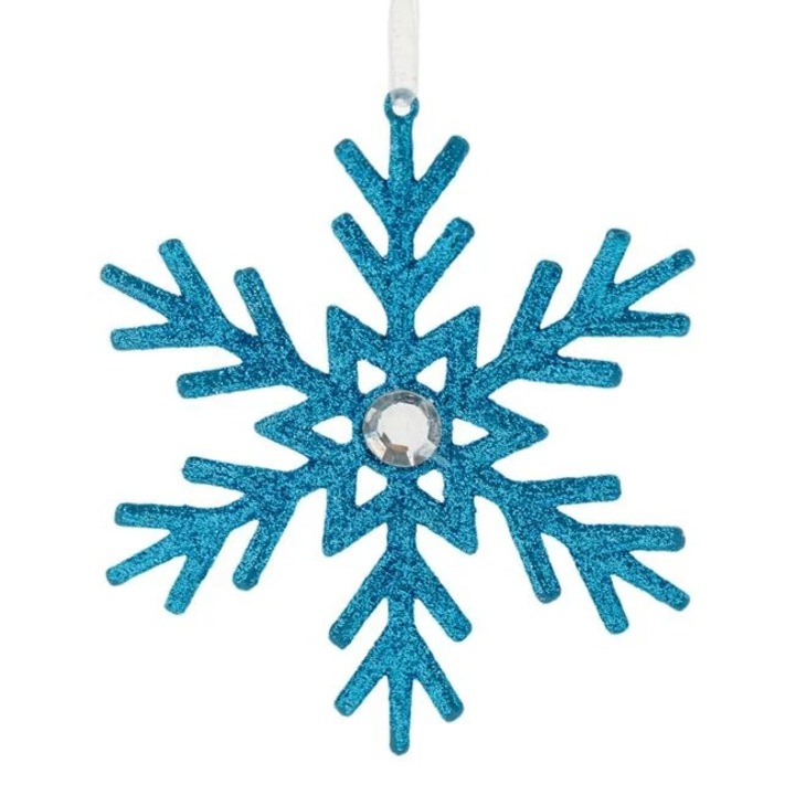 Ornament brad Craciun Antbro® fulg cu glitter turcoaz si un strass transparent in mijloc, 10cm