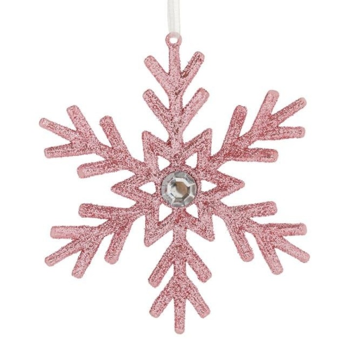 Ornament brad Craciun Antbro® fulg cu glitter roz si un strass transparent in mijloc, 10cm