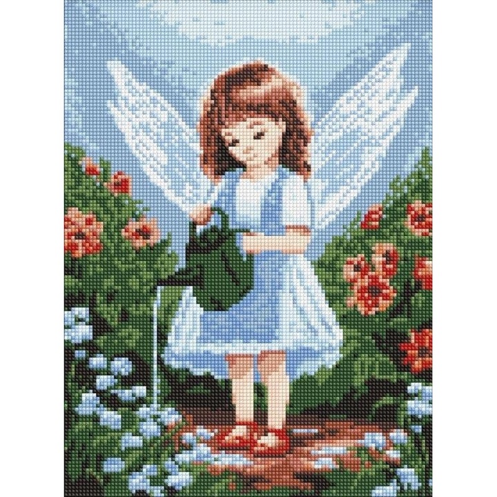 Set mozaic de broderie cu diamante, Ideyka, Inger in gradina, 30x40cm, fara rama