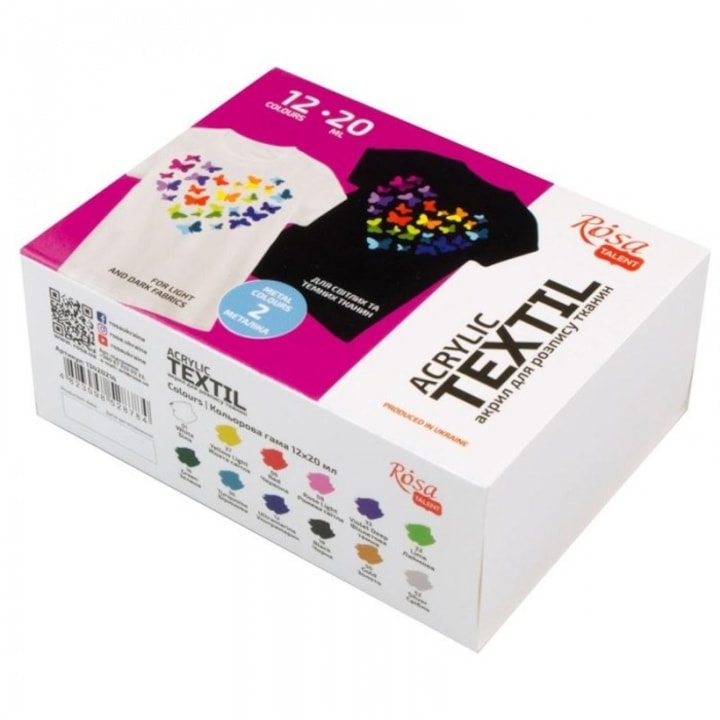 Set de 12 culori acrilice pentru tesaturi Heart 20ml, Rosa, pentru tesaturi deschise si inchise, dimensiuni 127x95mm