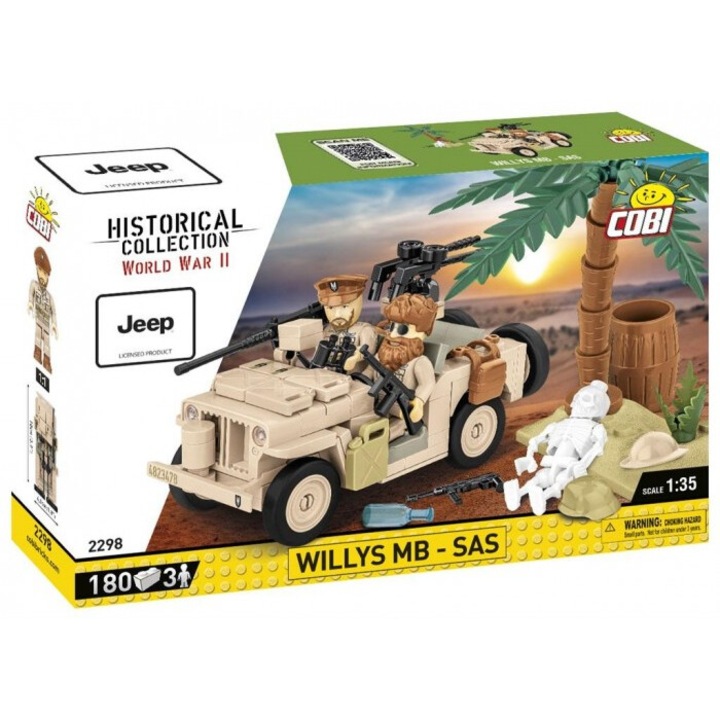 Cobi Építőkészlet, Willys MB SAS katonai jármű, 180 db, 3 db figura, 1:35, 10x4,5x6,5cm, többszínű